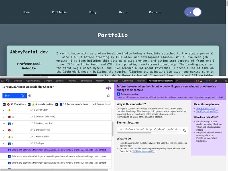 abbeyperini.dev 主页的屏幕截图，其中显示了正在使用的 IBM Equal Access 可访问性检查器