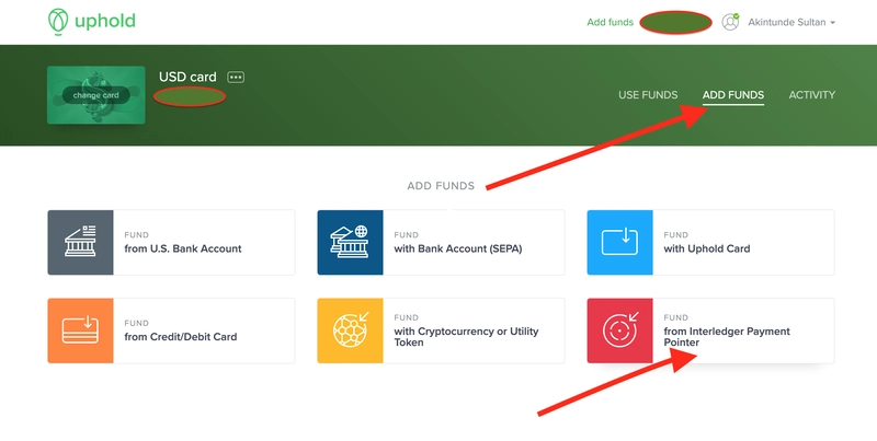 Uphold 美元卡页面