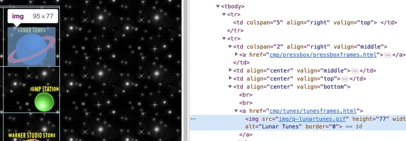 打印 devTools 检查并在 Space Jam 表格中进行检查。 Na célula，一个图像 com seu alinhamento 和 vários <br> acima dela