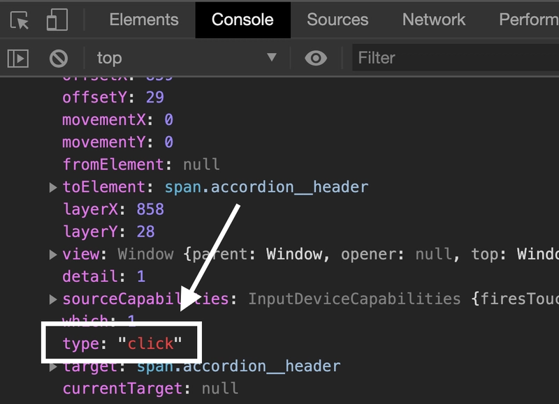 开发者工具中的 JavaScript 控制台显示了 Click 事件的属性。我们看到“type”属性的值为“click”。