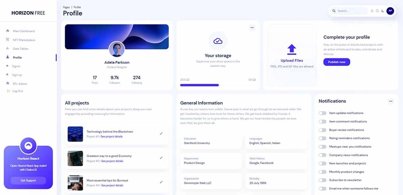 React Horizon UI(全栈) - 用户资料页面