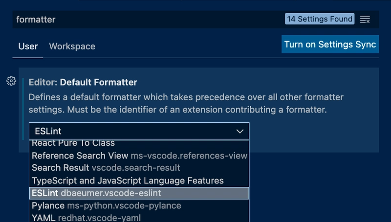 VSCode 设置中的默认格式化程序