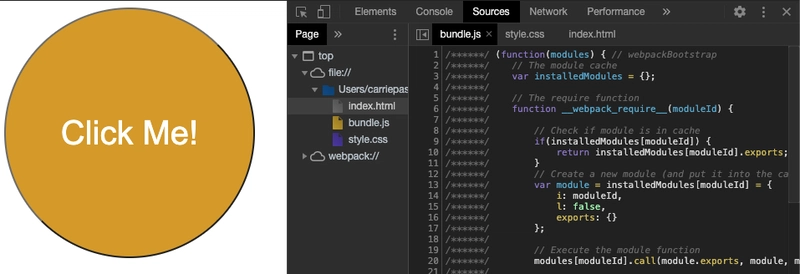 您的 JavaScript 代码已打包到一个文件中。导航到“Sources”选项卡，您可以看到打包代码所在的 bundle.js 文件。