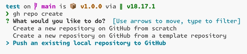 GitHub CLI，已选择“将现有本地存储库推送到 GitHub”选项