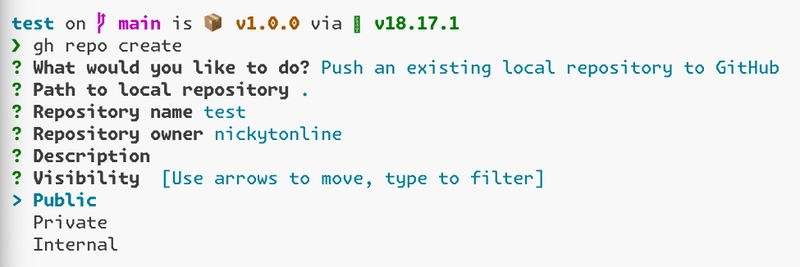 GitHub CLI 提示选择仓库的可见性