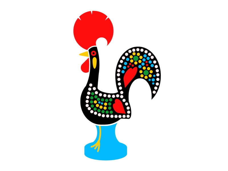 巴塞罗斯公鸡的卡通画，色彩鲜艳的小人物，描绘了一只公鸡