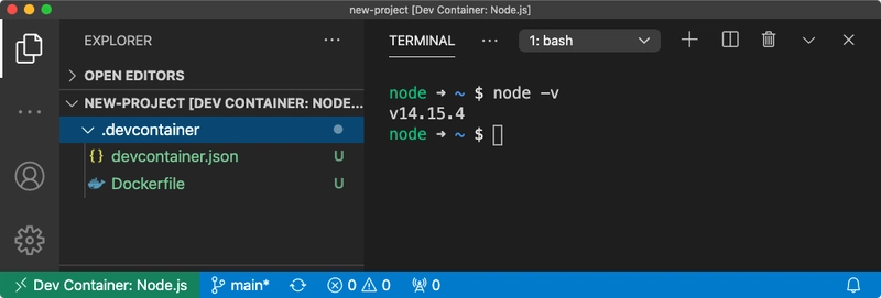 VS Code 连接到开发容器并打开终端的屏幕截图