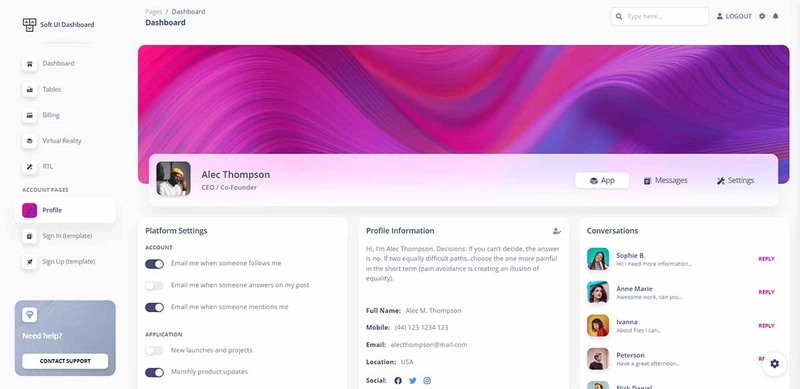 Soft Dashboard Tailwind CSS - 用户个人资料页面