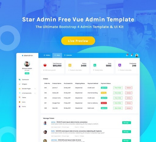 Vue 模板 — Star Admin,由 BootstrapDash 提供的免费 Vue 入门模板。