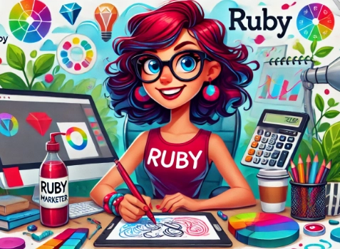 一幅充满活力的数字插画描绘了Ruby在办公室里扮演创意营销员的形象。她正在用平板电脑绘制设计草图，周围环绕着色彩缤纷的营销材料。她的着装时尚前卫，在充满创意和格调的现代办公空间中展现出她艺术和创新的气质。