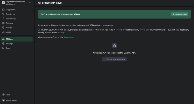 在 API Keys 页面弹出验证您的电话号码
