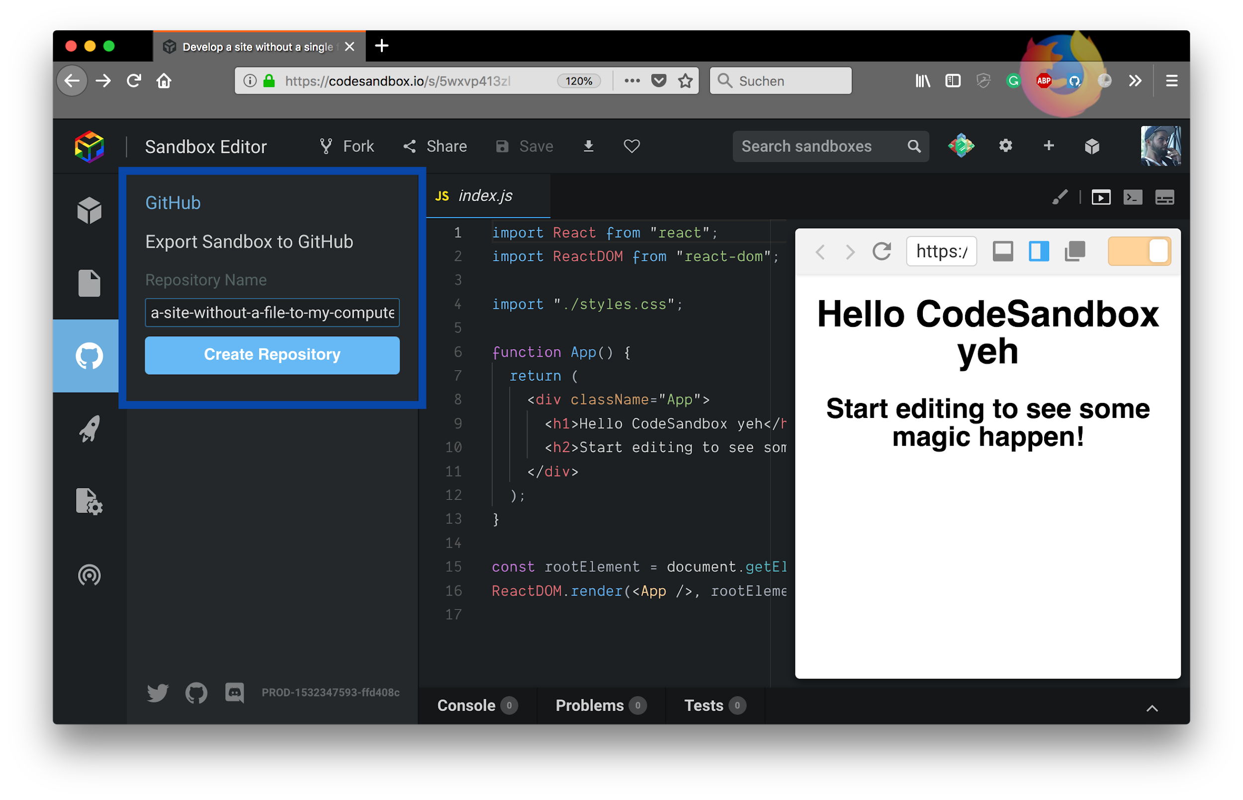 CodeSandbox 中的 GitHub 集成