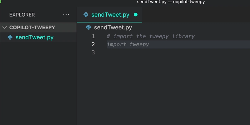 我的评论说导入 tweepy 库和 Copilot 建议我导入 Tweepy