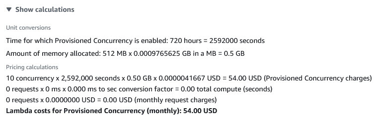 以下示例中,AWS 定价计算器屏幕截图显示了预置并发的成本。