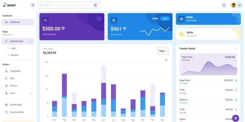 React Dashboard Berry - 开源全栈仪表板。