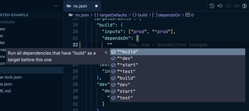 nx.json 文件中 Nx 控制台自动补全功能的屏幕截图