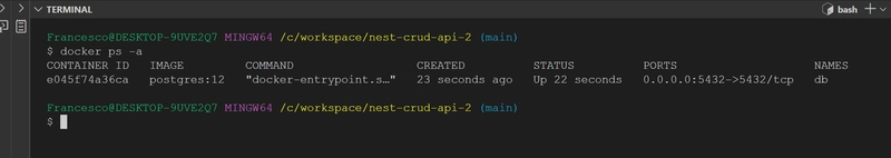 $ docker ps -a<br> 容器 ID 镜像 命令 创建状态 端口 名称<br> e045f74a36ca postgres:12   