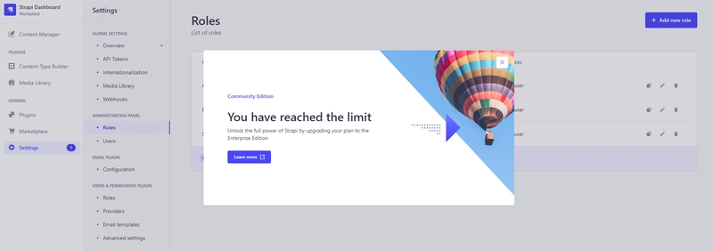 Strapi 要求企业版计划才能添加角色。