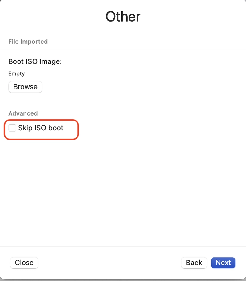 带有“跳过 ISO 启动”的 UTM 新 VM 对话框