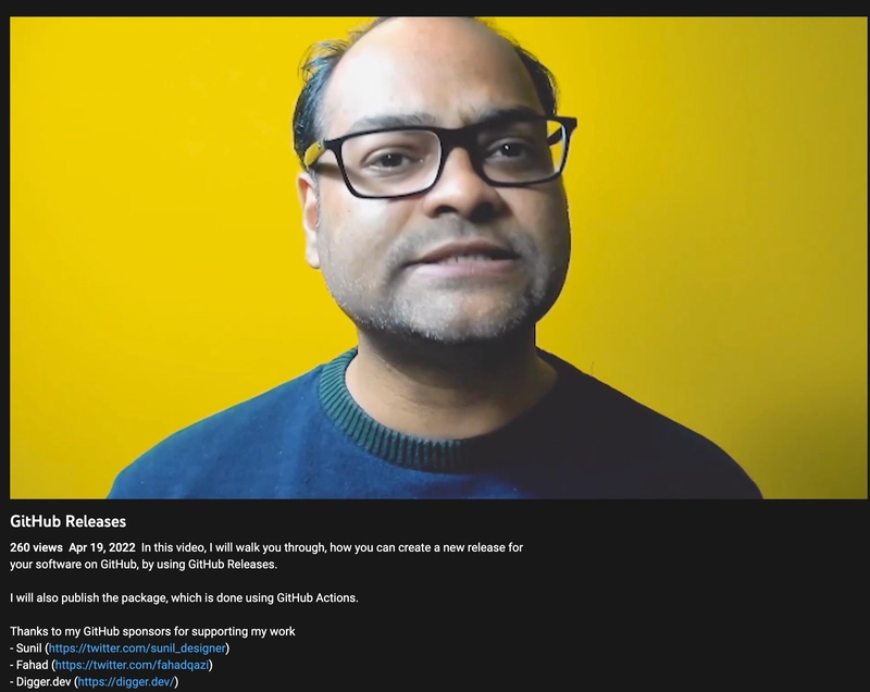 这是 Santosh 在 YouTube 视频中发言的截图。下方是视频说明，并附上他对 GitHub 赞助商的感谢。他还列出了赞助商的名字。
