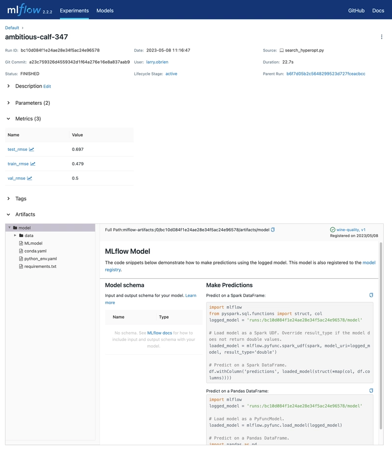 MLflow 跟踪运行详细信息页面，显示 MLflow 模型工件。