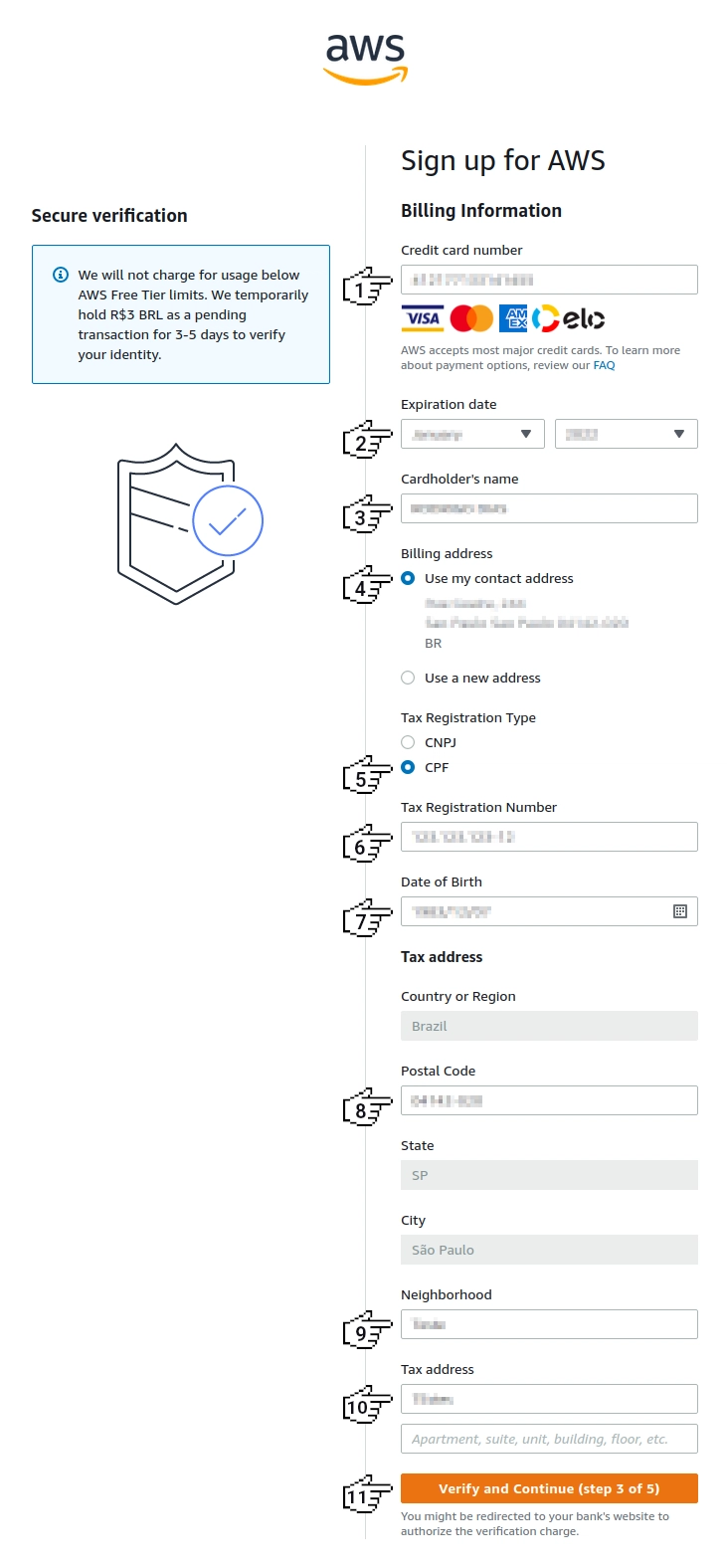 Amazon Cognito - 注册 AWS(第 3 步,共 5 步)