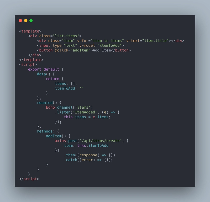 示例 Vue 组件(包含 laravel-websockets)的代码截图