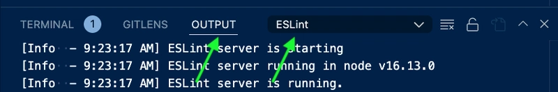 在 VSCode 终端的“输出”选项卡中，选中 ESLint。