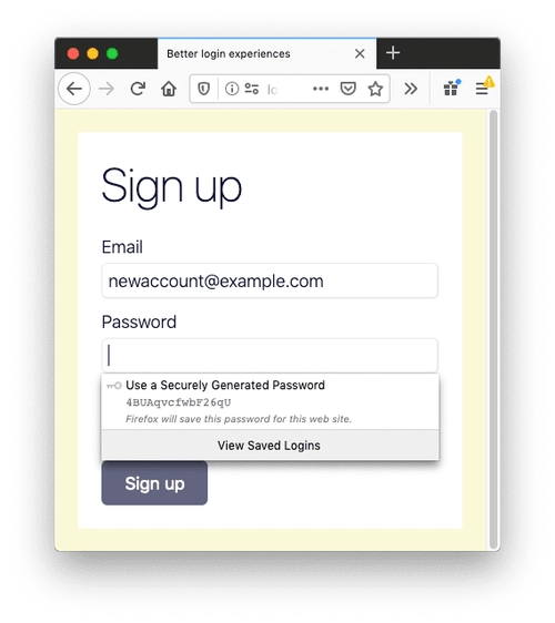 Firefox 中的登录表单。密码字段建议输入强密码。