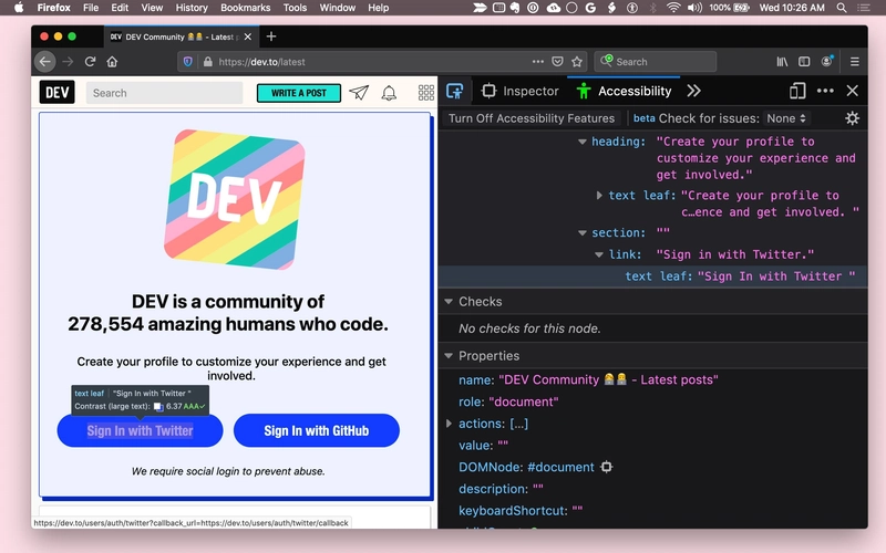 在“辅助功能”面板中打开辅助功能时显示的 FireFox DevTools 辅助功能树