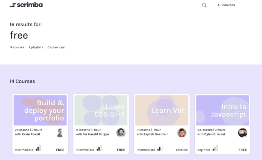 Scrimba 有一些令人印象深刻的免费视频课程，涵盖 Javascript、Vue、CSS 网格等。