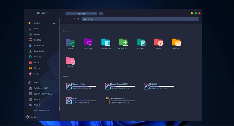 Windows 上的 Xplorer 采用深色主题