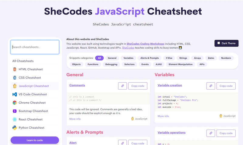 SheCodes JavaScript 备忘单