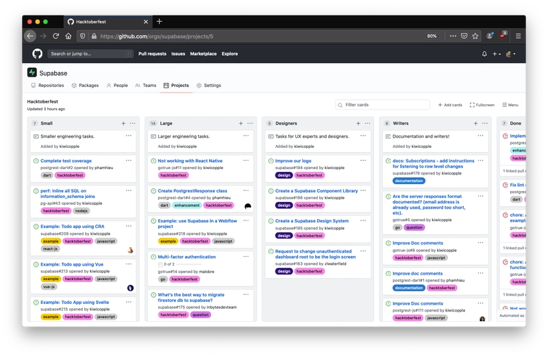 这是我们在 GitHub 上的 hacktoberfest 项目板的图片。
