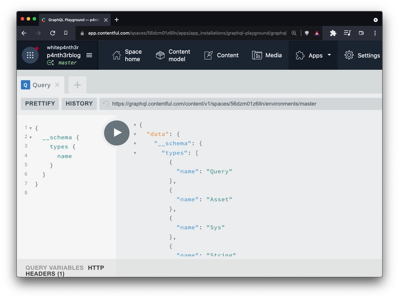 GraphQL 游乐场的屏幕截图显示了上面进行的模式查询的结果。
