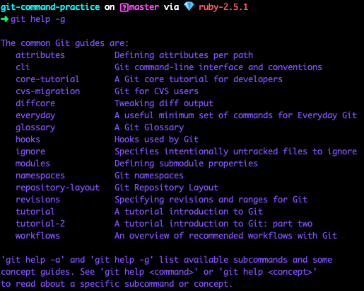 命令 git --help -g 的终端截图
