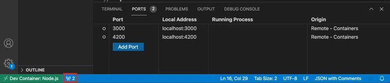 VS Code 中端口转发面板的屏幕截图