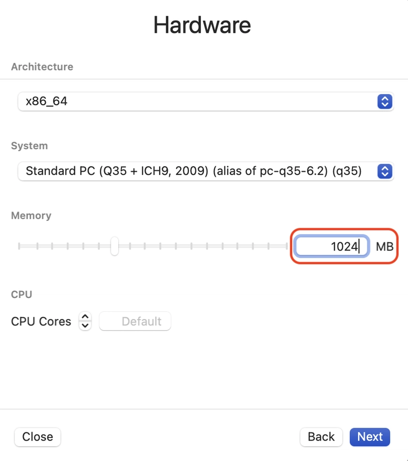 UTM 新的 VM 硬件选择对话框，除 RAM 内存外具有默认值