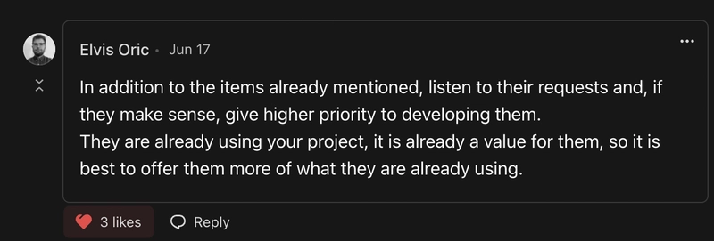 埃尔维斯·奥里克（Elvis Oric）的截图，他说道：“倾听他们（你的赞助商）的要求，如果合理，就给予更高的优先级……他们已经在使用你的项目了。你的项目对他们来说已经很有价值了，所以最好多提供一些他们已经在使用的东西。”