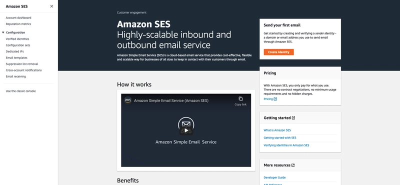 AWS SES 入门页面