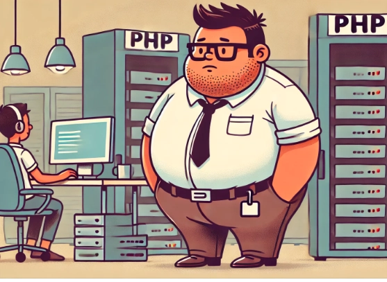 一张卡通风格的 PHP 形象照，描绘了一位身材丰腴、值得信赖的技术人员。他身着朴素的衬衫，戴着眼镜，周围环绕着服务器机架和电脑显示器，在摆满科技设备的办公环境中，散发着务实、严肃的气息。
