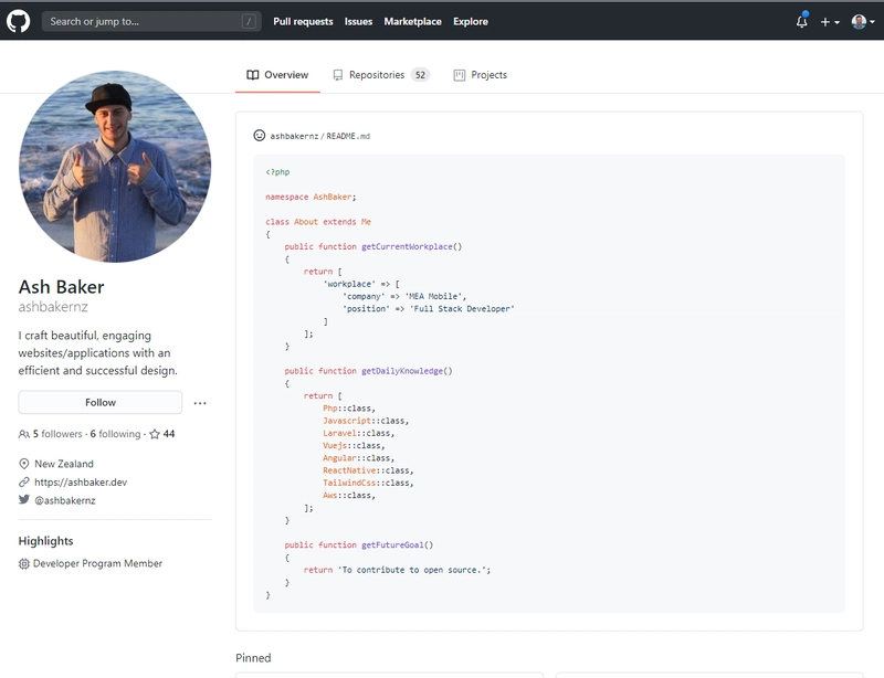 Ash Baker 的 GitHub 个人资料截图