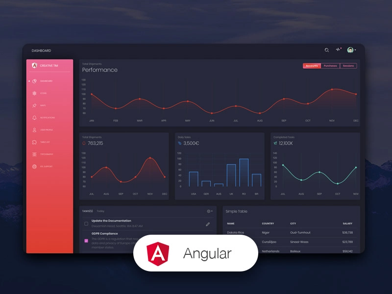 黑色仪表板 Angular - 免费的深色主题模板。
