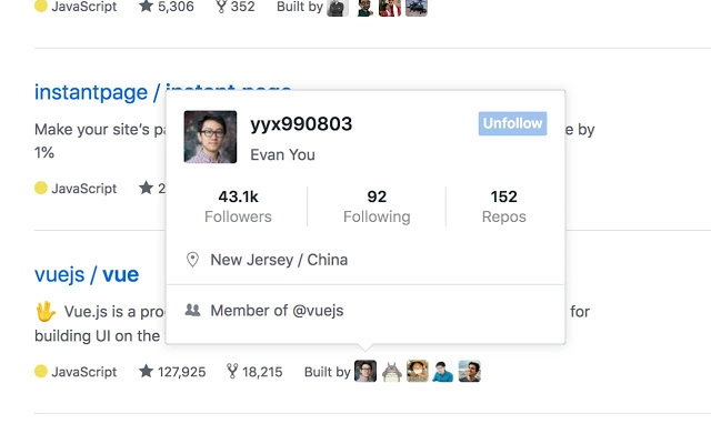 GitHub 悬停卡截图