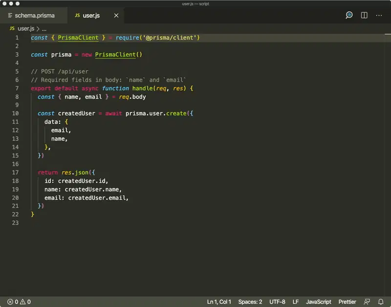 使用@ts-check,输入参数原始`prisma.user.create()` endraw 和返回值原始`createdUser` endraw 的类型与 DB 字段类型匹配