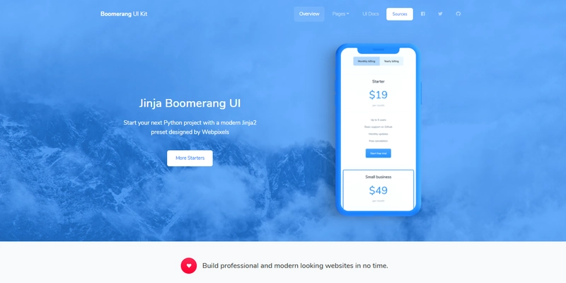 免费 UI 套件 - Boomerang，用 Jinja 编码的主屏幕。