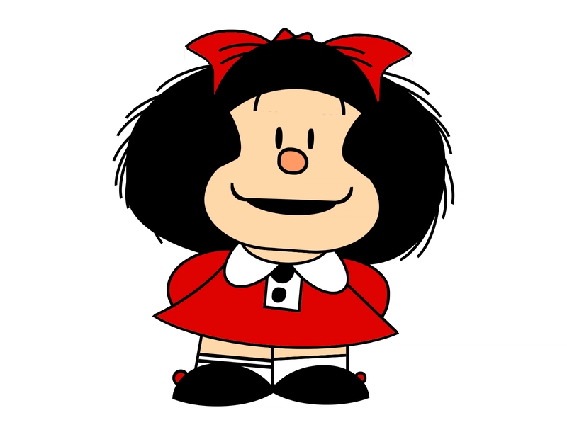 玛法尔达 (Mafalda) 的漫画，一个身穿连衣裙、头戴蝴蝶结的小女孩