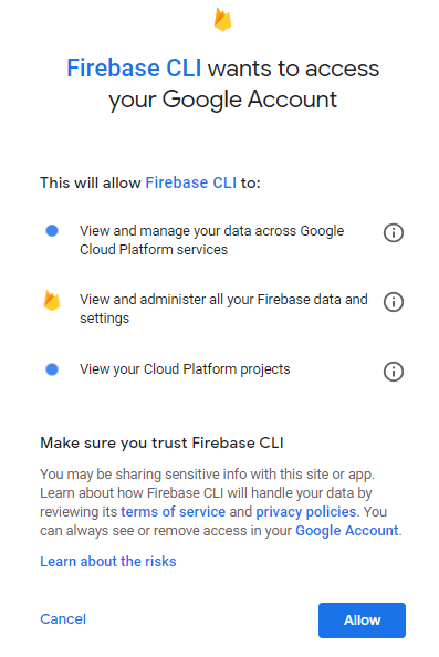 Firebase - 新项目 - 授予 Google 访问权限。