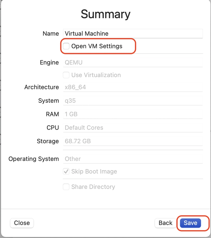 UTM 新的 VM 摘要页面对话框