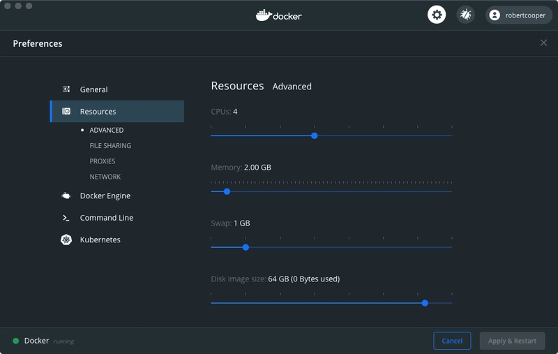 Docker Desktop 资源配置，例如 CPU、内存和磁盘空间